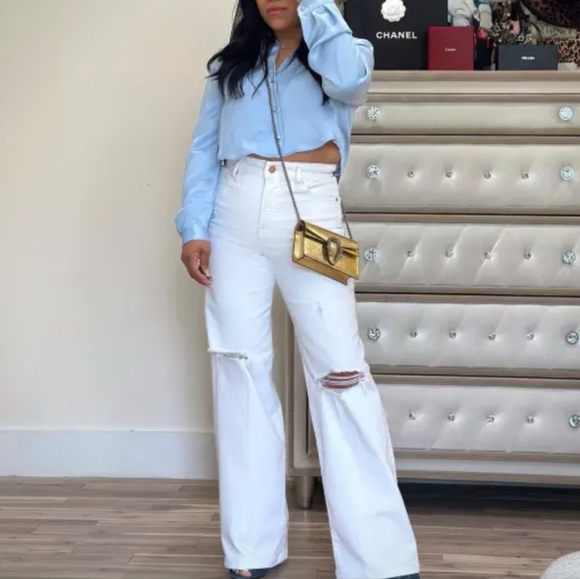 EXPRESS: High Waisted White Ripped Wide Leg Jeans - Picture 4 of 8